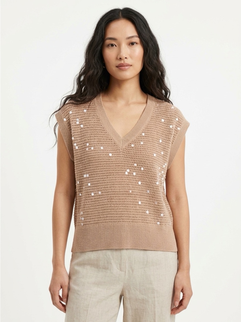Madewell Sequin V Neck Sweater Vest Pointelle Knit Beige Medium